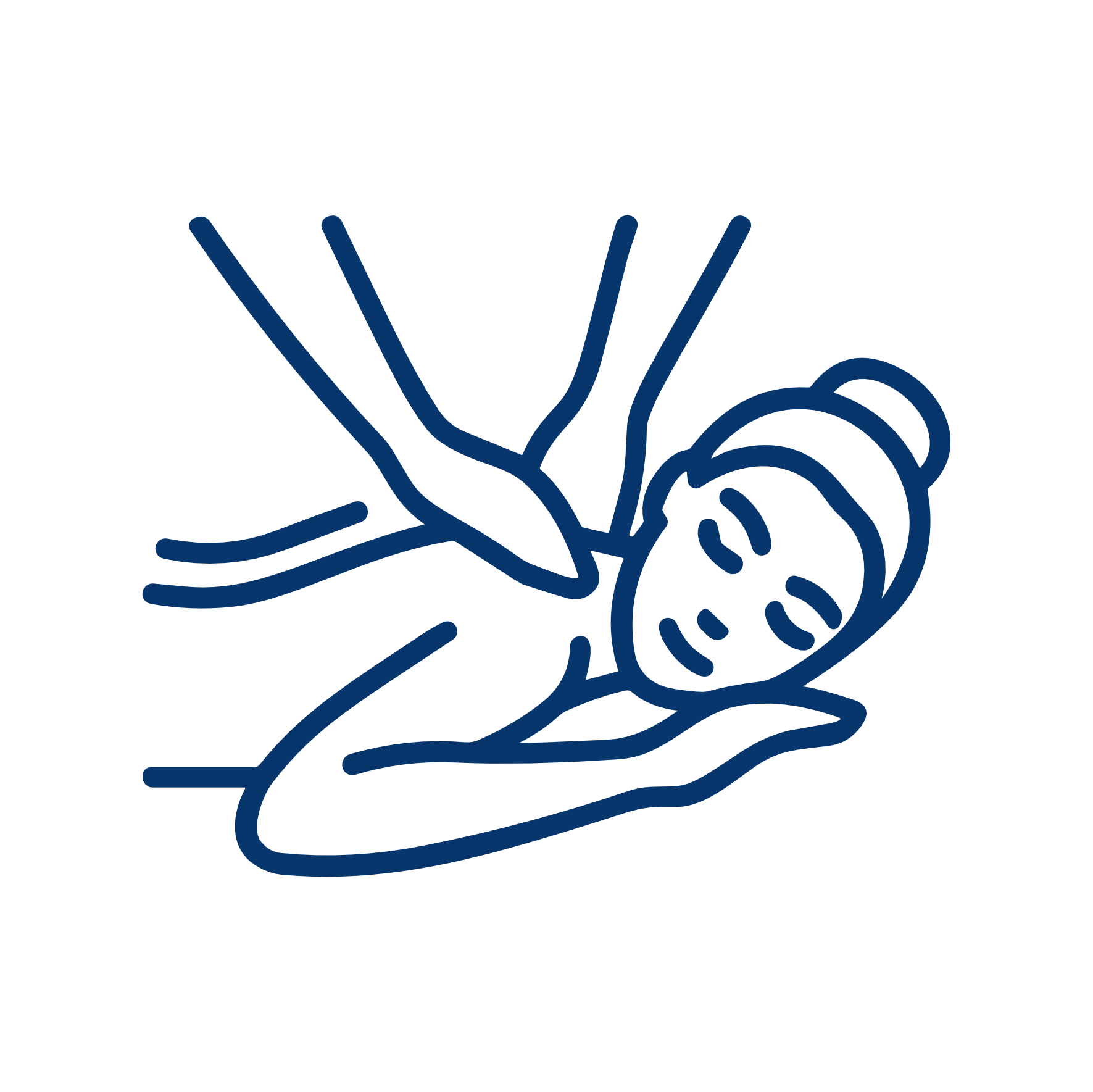 Line drawing of a person lying face down receiving a shoulder massage, with eyes closed and hair in a bun.