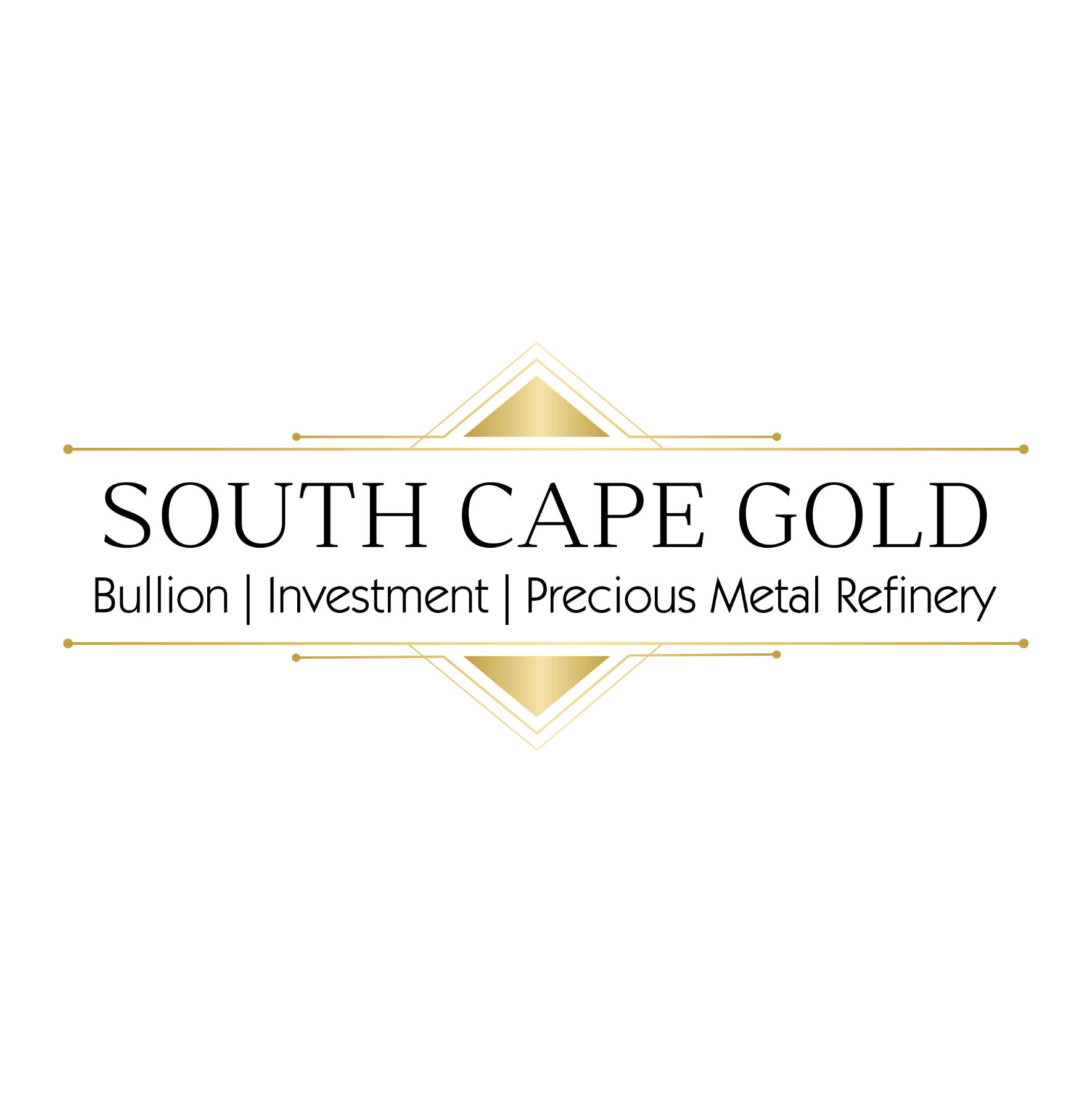 Logo of South Cape Gold with gold geometric accents and text reading Bullion, Investment, Precious Metal Refinery.